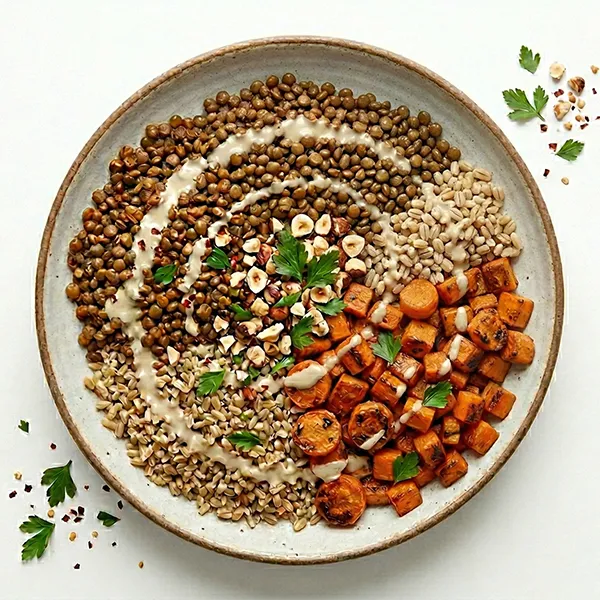 Smoky Lentil and Roasted Carrot Freekeh Bowl with Tahini Citrus Drizzle